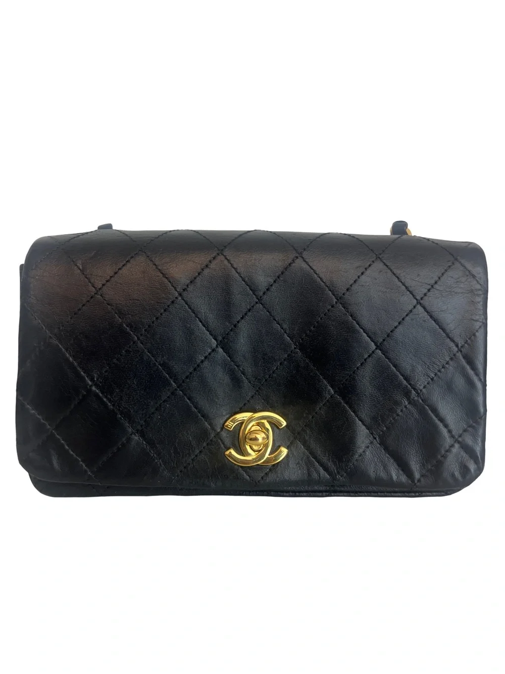 CHANEL Black Quilted Lambskin Mini Flap Bag with Gold Chain